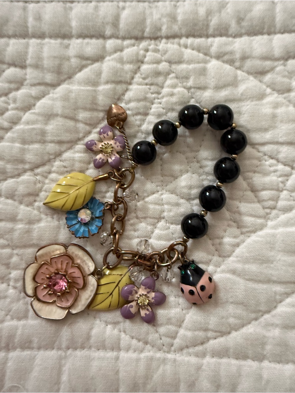 Vintage Betsy Johnson Charm Beaded Bracelet - Black and Pastel Flowers